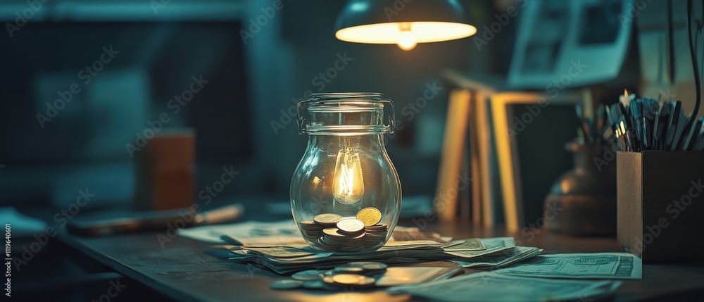 Coins and cash on a wooden table illuminated by a lamp in a cozy workspace at night Coins and cash on a wooden table illuminated by a lamp in a cozy workspace at night