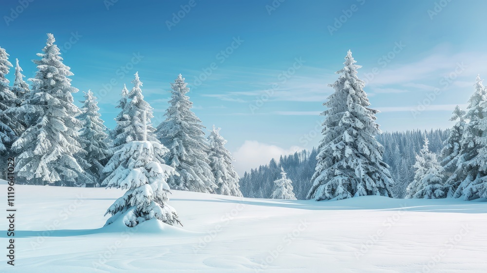 Fototapeta premium High-end photography of a serene winter landscape with snow-covered trees and a clear blue sky
