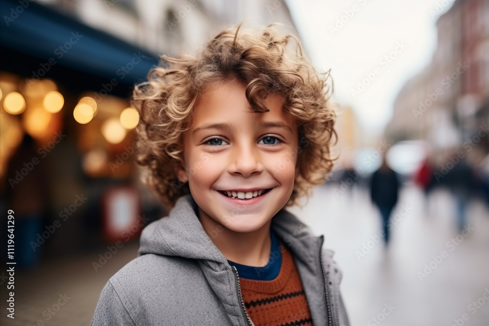 Portrait of a smiling little boy with curly hair in the city Portrait of a smiling little boy with curly hair in the city