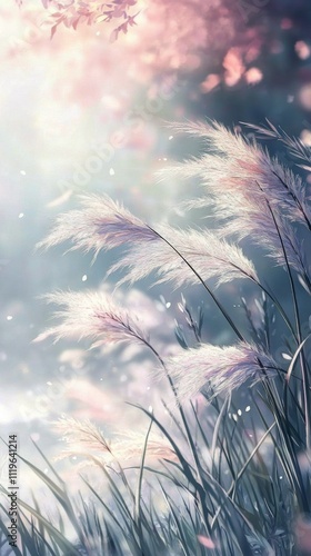 Soft sunlight illuminates delicate grass swaying gently in the breeze during early morning