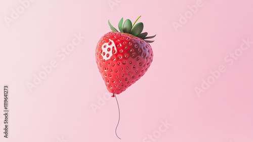 A strawberry reimagined as a balloon floats on a pastel pink background. A playful and creative pop art collage for a fresh take on minimal design.