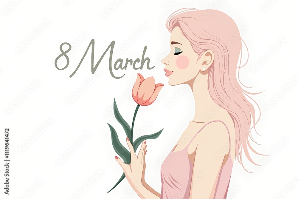 A minimalist illustration of a woman holding a pastel pink tulip, with clean lines and A minimalist illustration of a woman holding a pastel pink tulip, with clean lines and