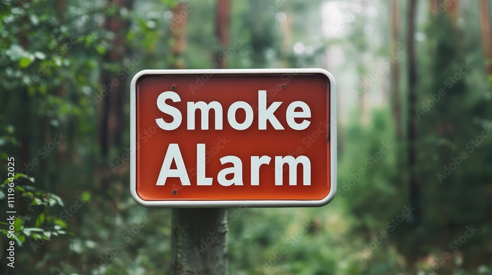 Smoke alarm warning sign in a forested area for fire safety awareness. Smoke alarm warning sign in a forested area for fire safety awareness.