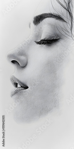 Minimalist graphite pencil portrait of woman’s face, serene side view