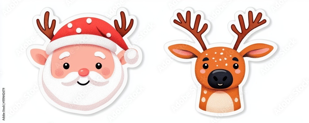 Fototapeta premium Cute Santa Reindeer Christmas Stickers Holiday Illustration