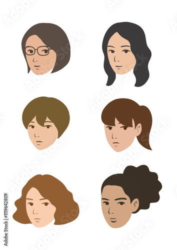 顔イラストセット女性/カラー