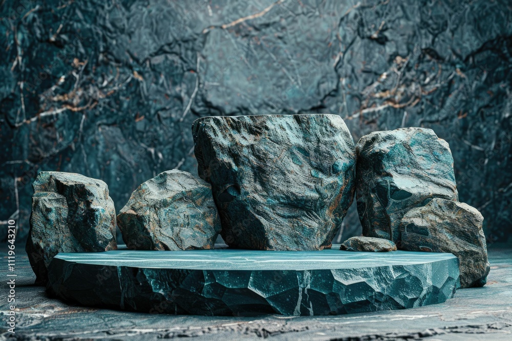 A stone platform with blue green rocks on a textured background background removed A stone platform with blue green rocks on a textured background background removed
