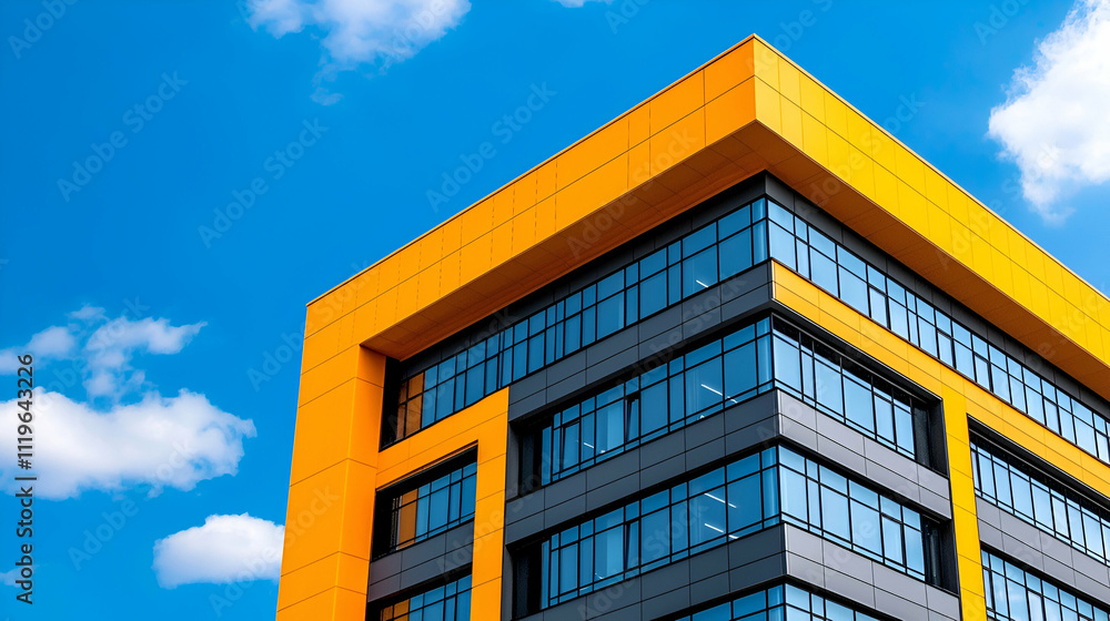A modern building with a striking orange and gray facade set against a bright blue sky, showcasing contemporary architectural design. A modern building with a striking orange and gray facade set against a bright blue sky, showcasing contemporary architectural design.