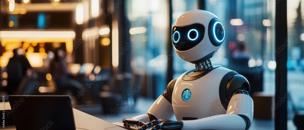 Robot assistant engaging with a human in a modern workspace during the evening hours Robot assistant engaging with a human in a modern workspace during the evening hours