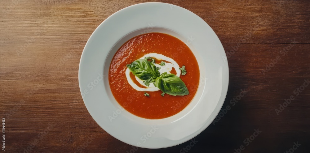 A bowl of tomato soup garnished with cream and fresh basil on a wooden table. A bowl of tomato soup garnished with cream and fresh basil on a wooden table.