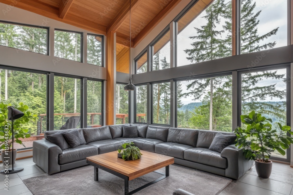 Modern luxurious living room large angled windows Modern luxurious living room large angled windows