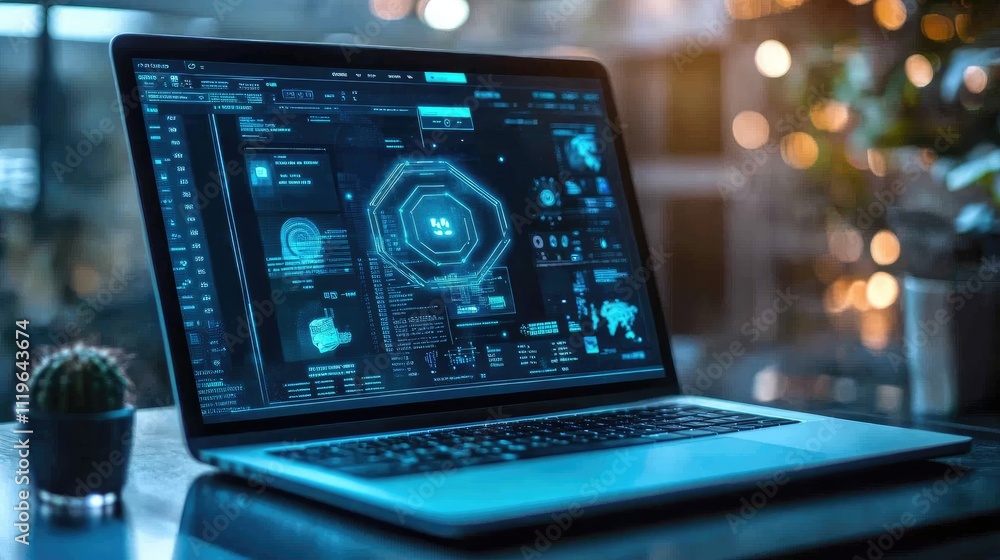 Laptop displaying futuristic user interface with data analytics and graphs. Laptop displaying futuristic user interface with data analytics and graphs.
