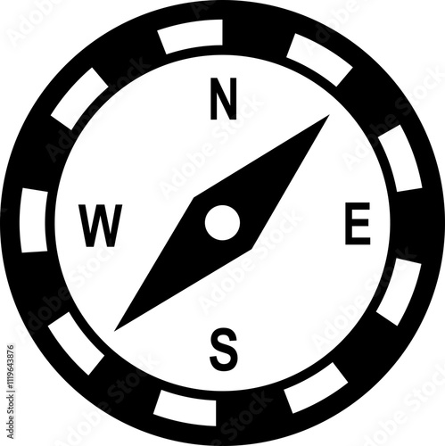 Monochrome navigational compass with cardinal direction of North, East, West, South. Geographical position, cartography and navigation. Nautical chart in flat style isolated on transparent background.