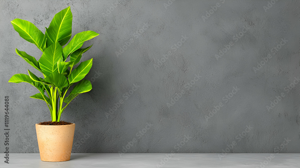 A potted green plant stands against a textured gray wall, adding a touch of nature and freshness to the minimalist space. A potted green plant stands against a textured gray wall, adding a touch of nature and freshness to the minimalist space.
