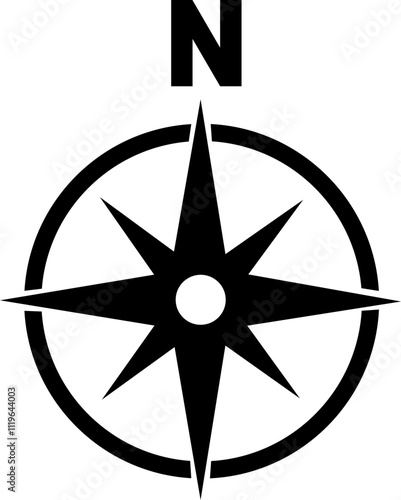 Monochrome navigational compass with cardinal direction of North, East, West, South. Geographical position, cartography and navigation. Nautical chart in flat style isolated on transparent background.