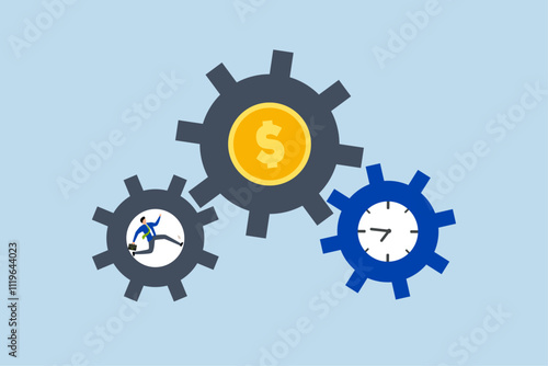 Effort and time to make money, entrepreneur sprinting intensely within gear mechanisms to rotate time and currency wheels. 