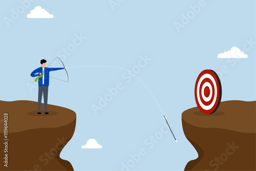 Terribly missed target, overconfident entrepreneur in archery spectacularly failed to hit target. 