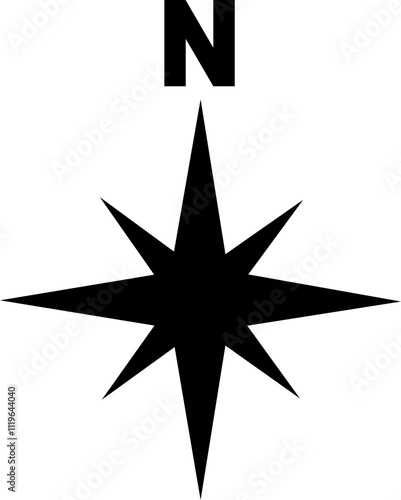 Monochrome navigational compass with cardinal direction of North, East, West, South. Geographical position, cartography and navigation. Nautical chart in flat style isolated on transparent background.