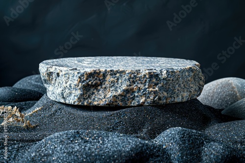 A gray stone podium on a black sand backdrop. background removed photo