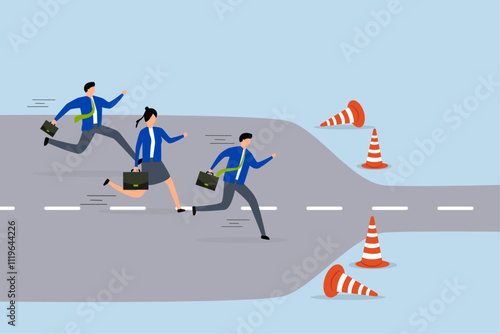 Bottleneck make business run slow, Business individuals sprint along broad path to arrive at tight, sluggish bottleneck. 