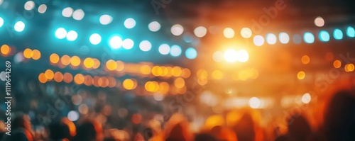 A vibrant, blurred image of a lively crowd at an event, illuminated by colorful, glowing lights in a dynamic atmosphere.