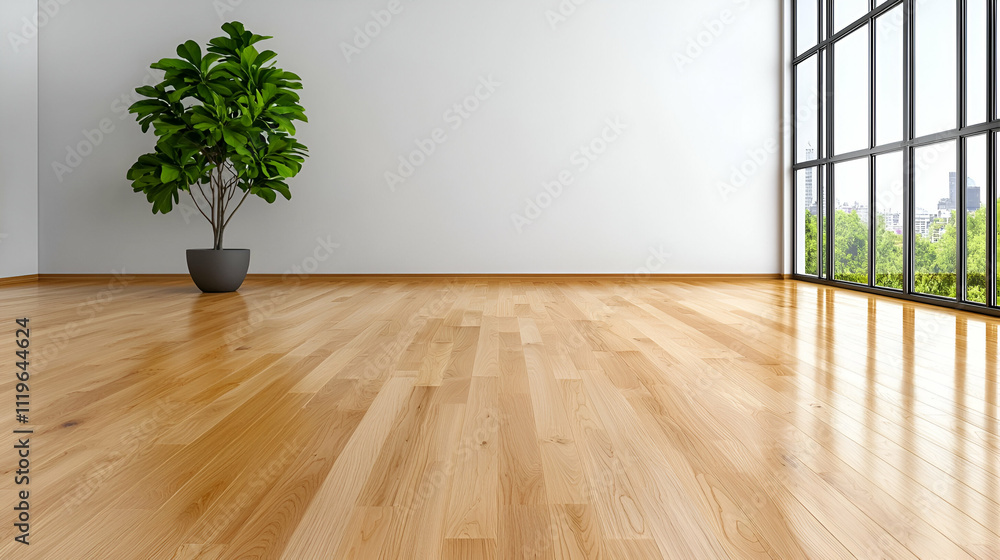 A bright, minimalist room features polished wooden floors and a potted plant, complemented by large windows that invite natural light. A bright, minimalist room features polished wooden floors and a potted plant, complemented by large windows that invite natural light.
