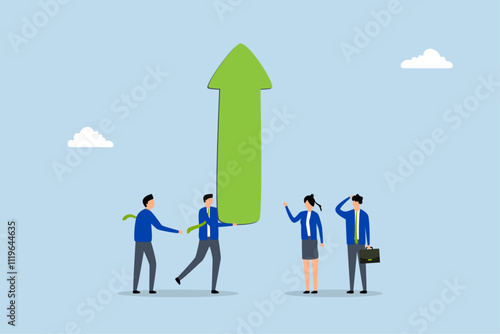 Business growth and risk to fall down, businessman holds large upward arrow alongside a colleague. 