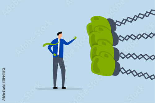 Business challenge to deal with many competitors, Confident businessman wearing boxing gloves battles numerous adversaries.