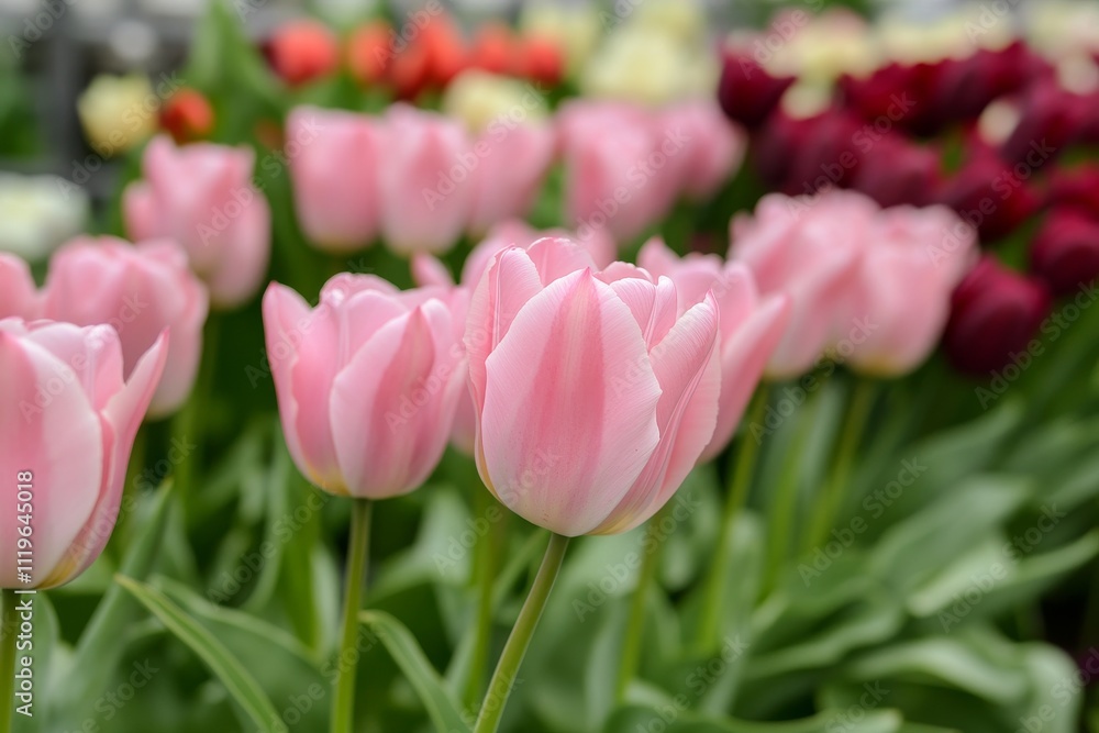 Colorful tulips blooming in a garden during springtime with soft sunlight filtering through Colorful tulips blooming in a garden during springtime with soft sunlight filtering through