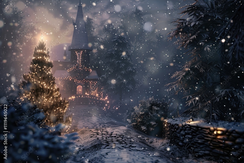 Beautiful lightning christmas tree in the snow in city town background Beautiful lightning christmas tree in the snow in city town background