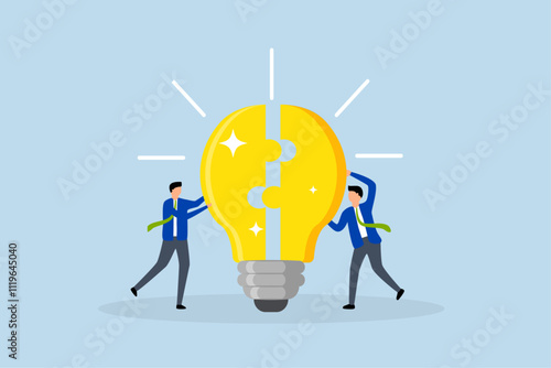 Teamwork, businessman collaborators associate link idea pieces interlock collectively. 