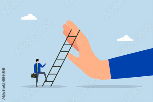 Overcome business obstacle, businessman ready to ascend ladder to defeat massive hand hindering him. 