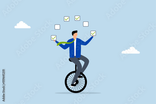 Todo list professional, businessman juggling checkbox on unicycle.
