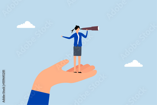 Business visionary, entrepreneur using telescope on enormous hand enables her to envision future
