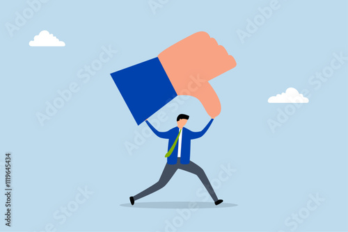 Customer complaint, attempted entrepreneur bear large thumbs-down sign on his shoulder. 