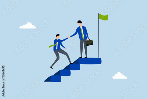Business mentor, businessman leader assist employee ascend towards goal at peak of staircase. 