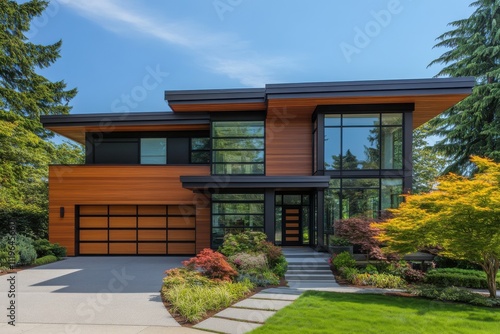 Modern luxury house architectural design wood and metal exterior photo