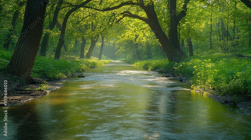 Naklejka premium Sunlit stream flowing through lush green forest.