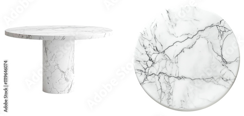 round white marble table with detailed veining top and side view