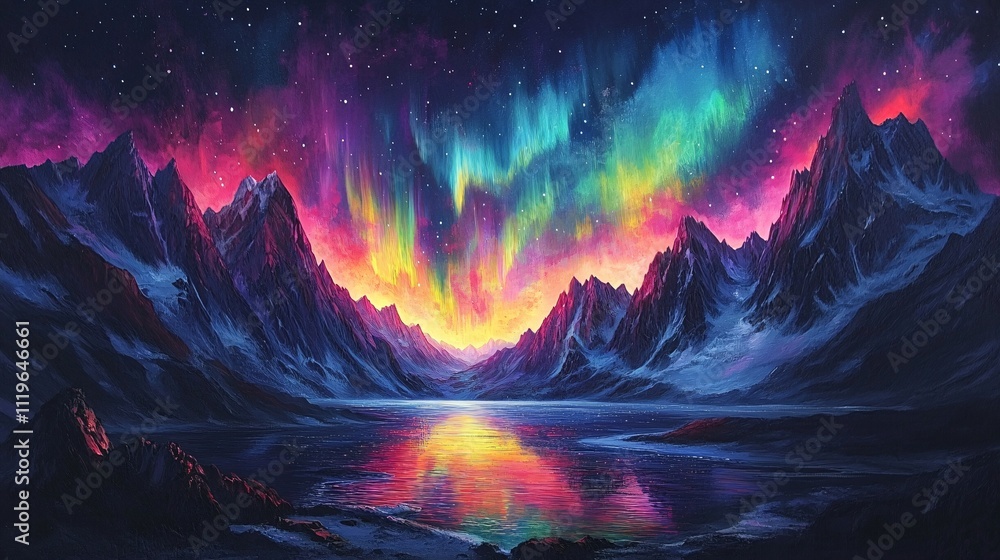 Fototapeta premium A vibrant landscape featuring colorful auroras illuminating a mountain range and reflective water under a starry sky.