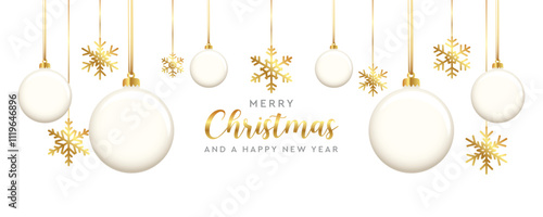 luxury christmas greeting card with hanging ball and snowflake decoration vector illustration