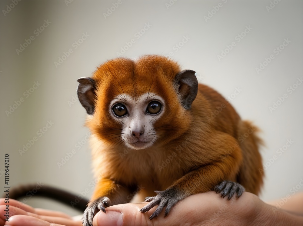 charming monkey with big eyes, resting comfortably on a human hand charming monkey with big eyes, resting comfortably on a human hand
