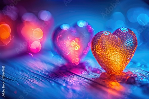 Two glowing heart shaped objects on a blue and purple background. background removed