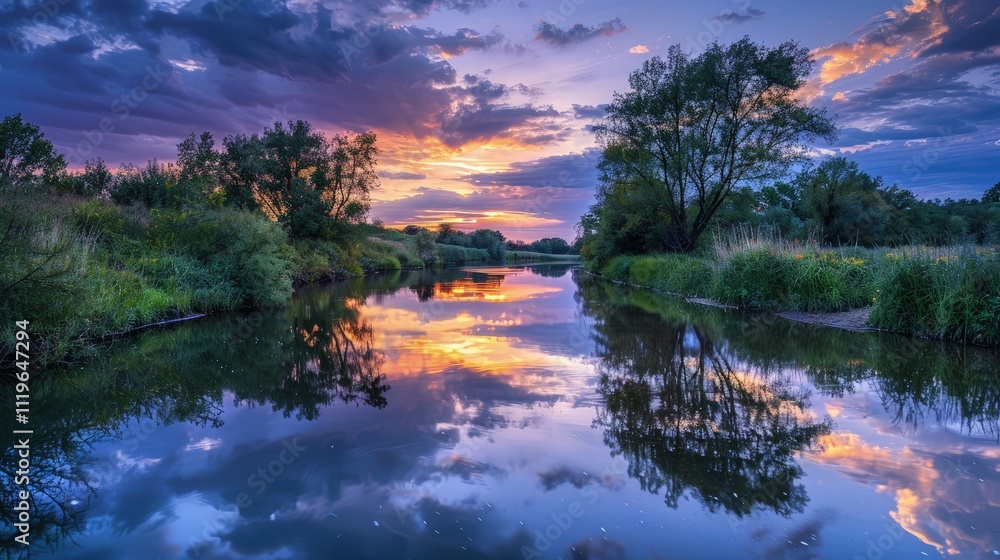High-end photography of a tranquil river with a reflection of the sky and surrounding trees High-end photography of a tranquil river with a reflection of the sky and surrounding trees