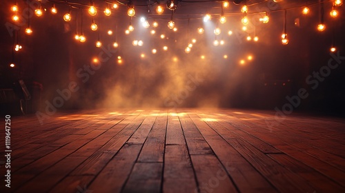 Wallpaper Mural A dimly lit stage with wooden planks, illuminated by warm lights, creating an atmospheric and dramatic setting. Torontodigital.ca