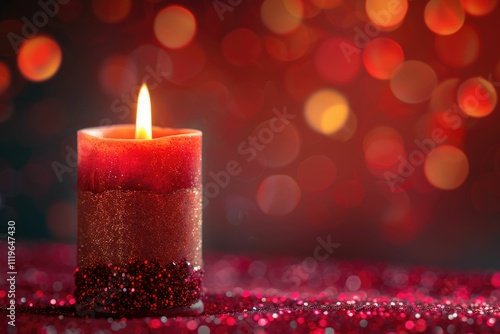 A single red candle with glitter flames on a red glitter background. background removed