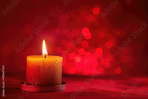 A single candle flame glows brightly against a backdrop of red bokeh lights. background removed