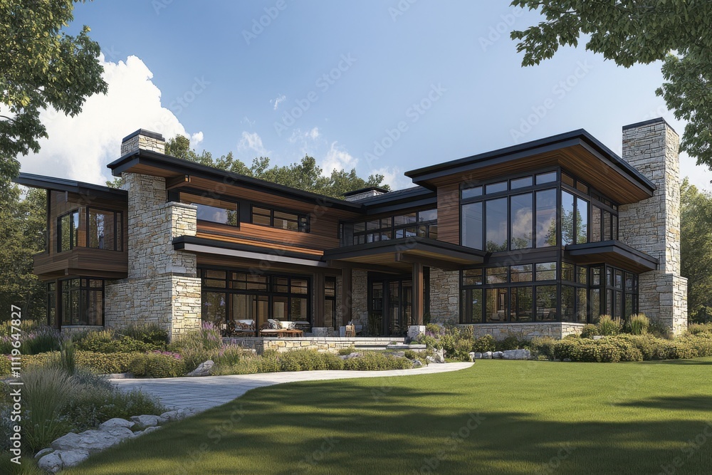 Obraz premium Modern luxury villa expansive windows wood and stone exterior flat roof design prairie style architecture