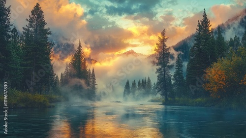 Majestic sunrise over misty river valley, tall evergreen trees, vibrant autumn colors.