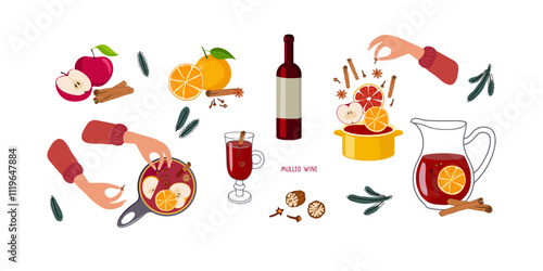 Mulled wine. Preparation of Mulled Wine. Wine Bottle, ingredients for recipes. Winter hot wine drink with spices isolated for menu, cafe, market, banner. Mulled wine red wine with fruits and spices